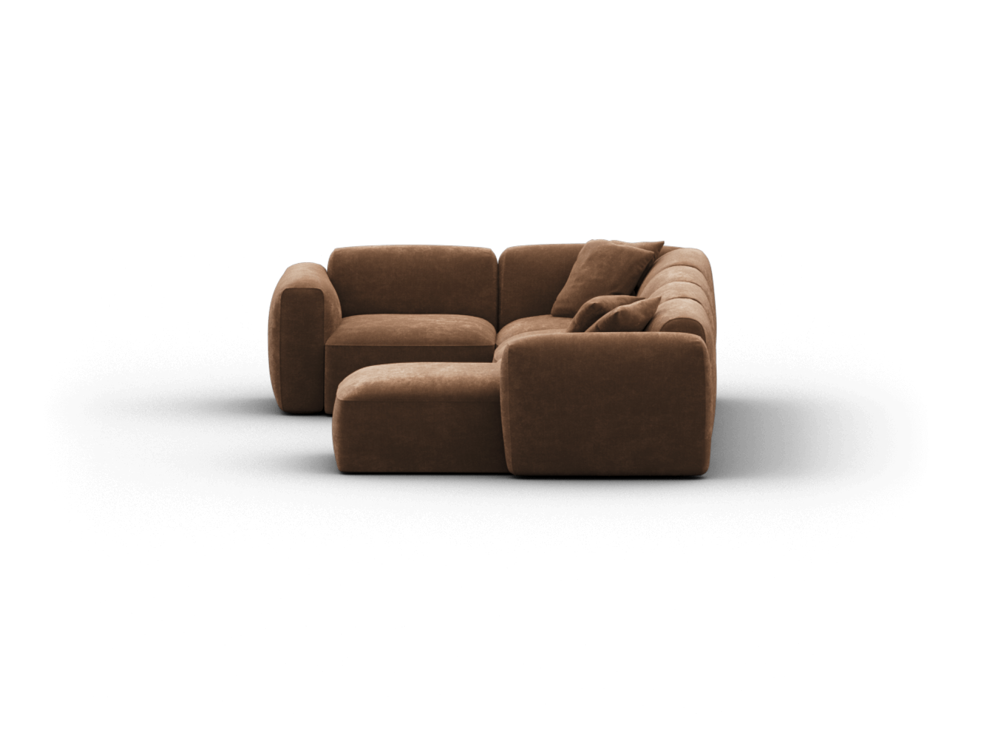 Luxurious brown velvet sectional sofa featuring plush, rounded cushions and a modular design, set in a contemporary living space.