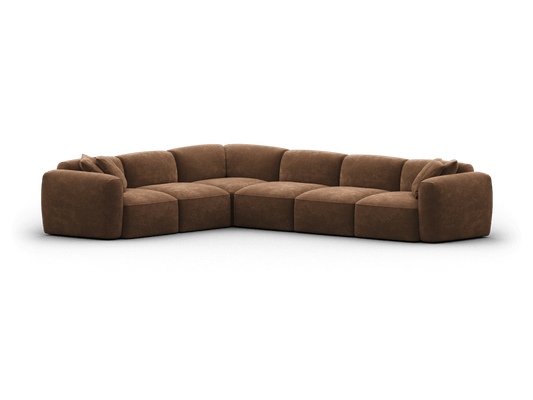 Luxurious brown leather sectional sofa in a modular design features deep seating and plush cushioning, creating a sophisticated centrepiece for modern living spaces.