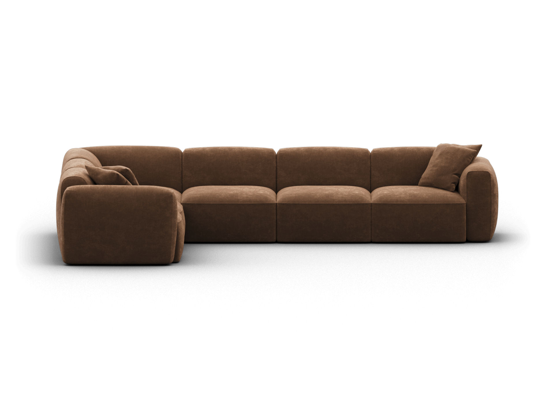 Luxurious brown suede modular sofa with plush cushions and a sleek, low-profile design. Perfect for a sophisticated living room or contemporary lounge.