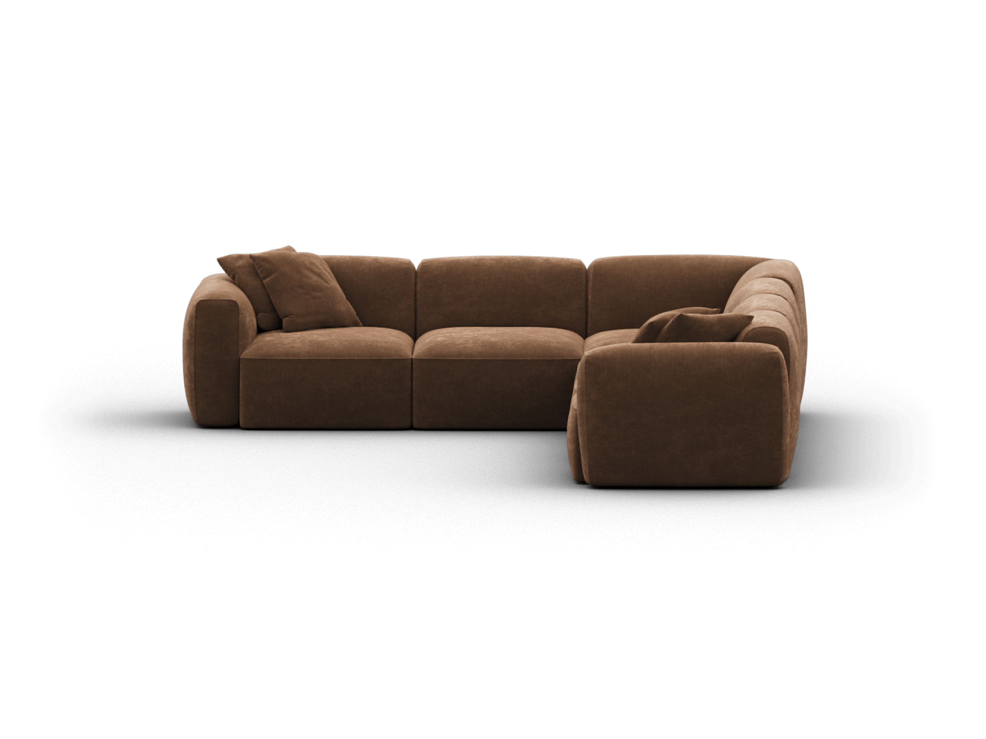 Luxurious brown fabric modular sectional sofa with plump cushions, rounded edges, and deep seats, perfect for a spacious, modern living area.