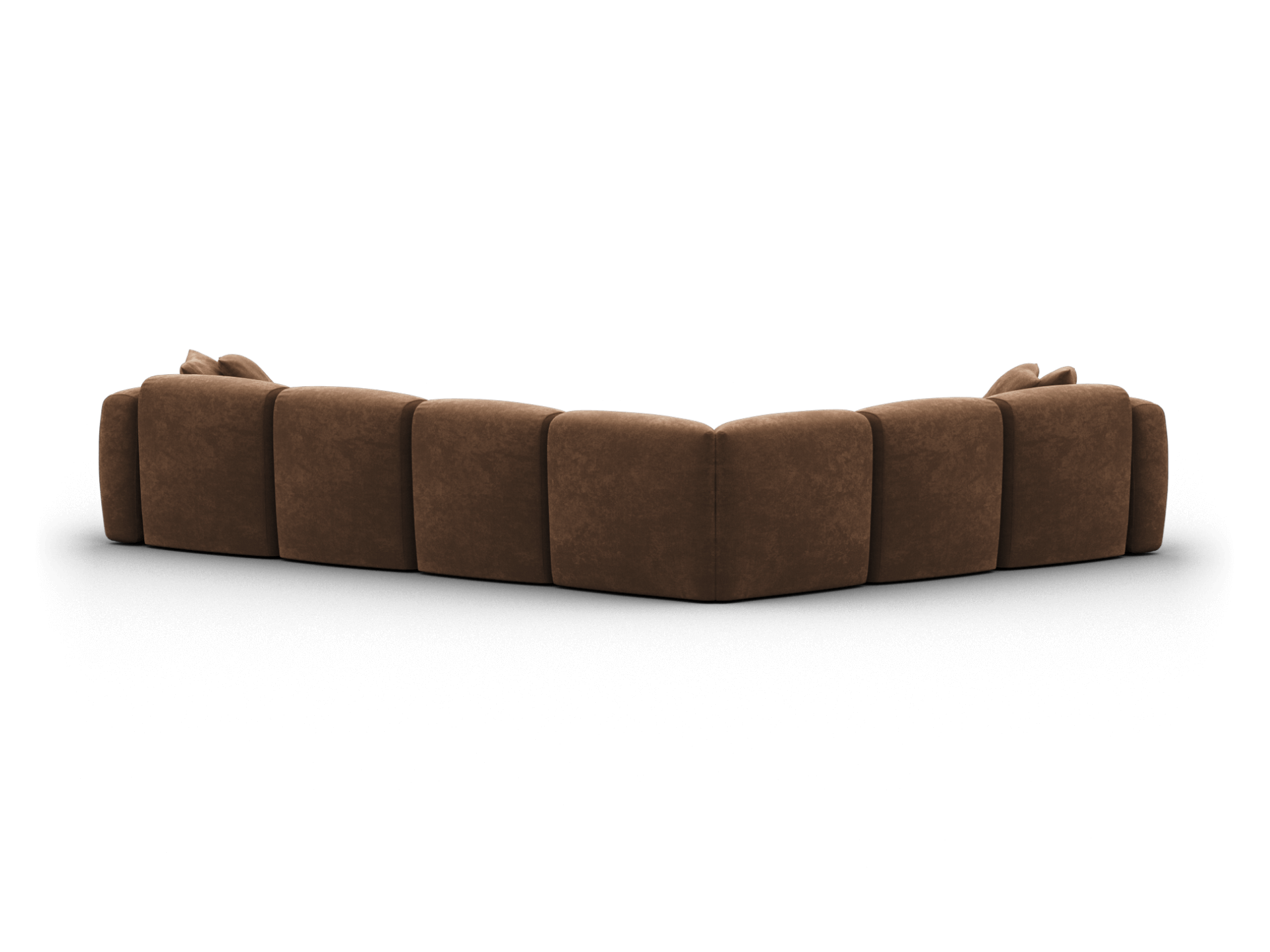 Luxurious brown velvet sectional sofa with plush, tufted cushions and a curved design, ideal for expansive living rooms seeking elegance and comfort.