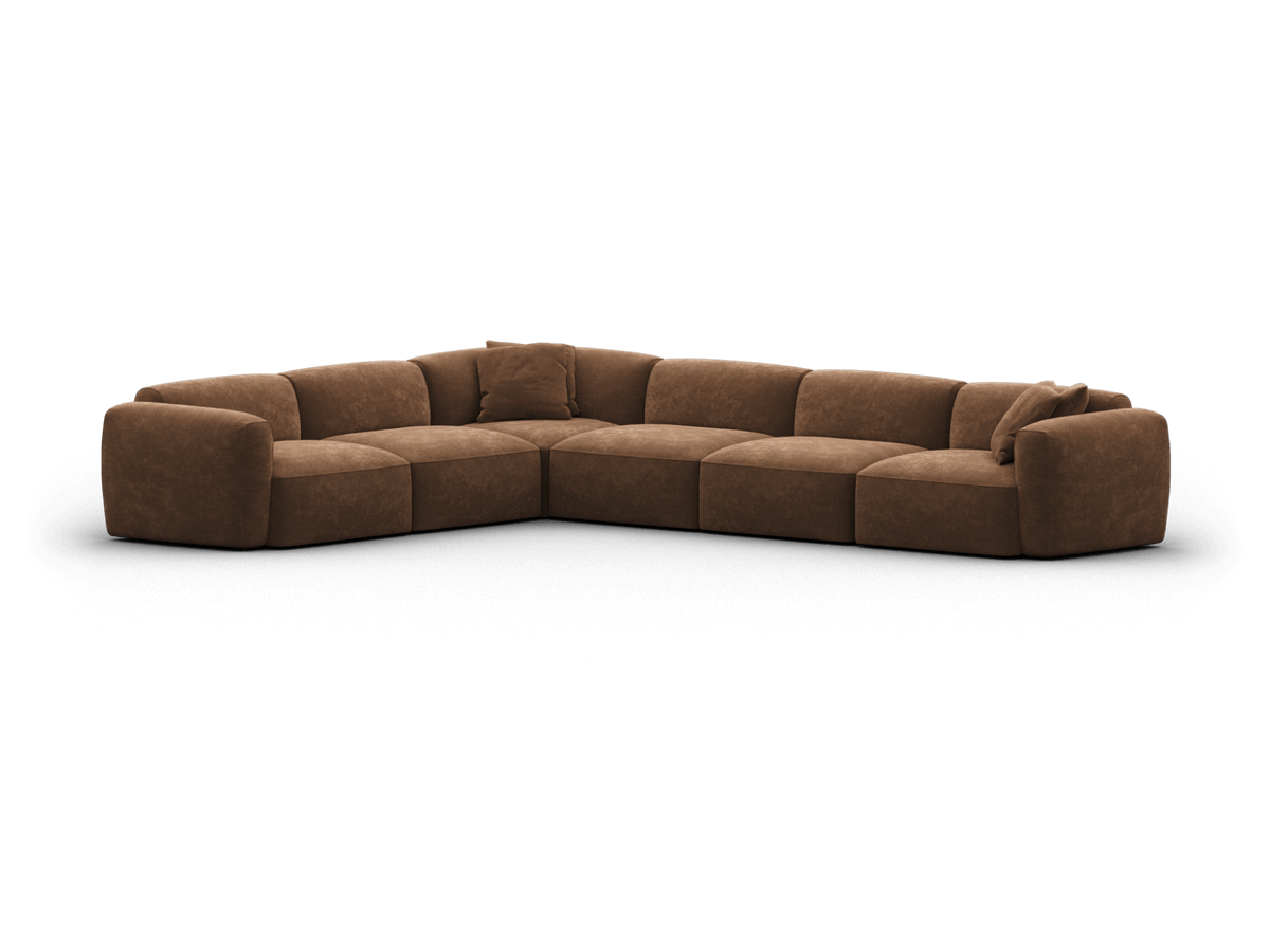Luxurious L-shaped sectional sofa featuring plush brown suede upholstery. Deep cushions and a modular design suitable for contemporary living spaces.