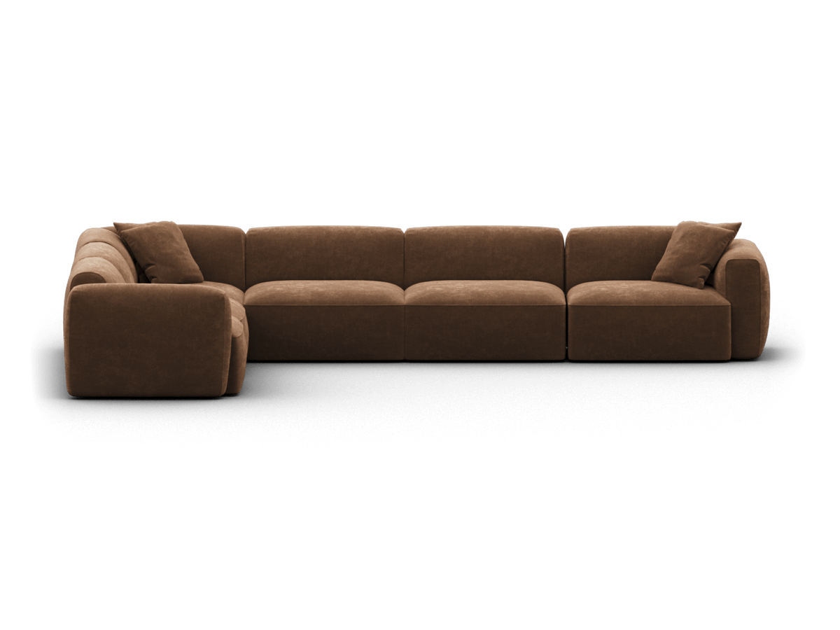 Luxurious brown sectional sofa in plush fabric, featuring modular design and deep seating. Perfectly suited for a sophisticated living room setting.
