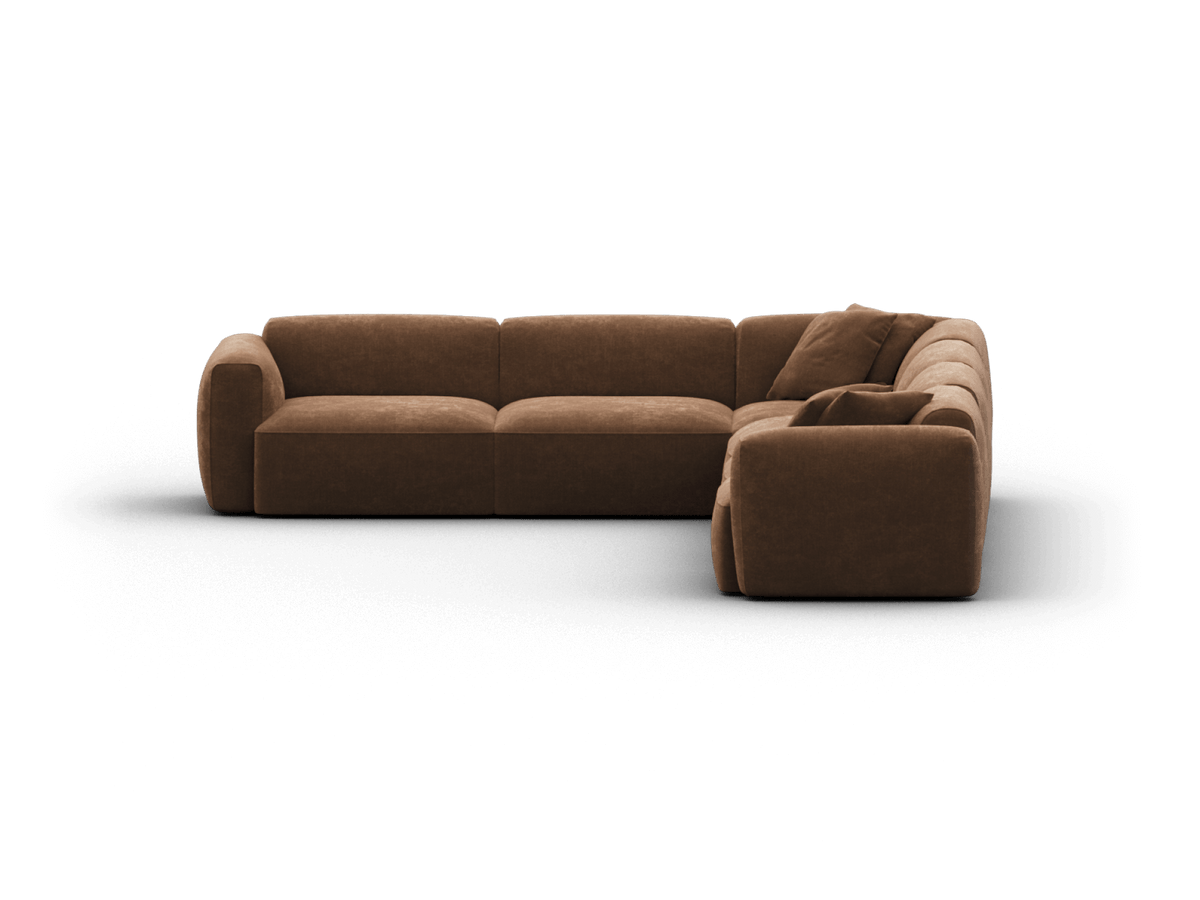 Luxurious brown suede sectional sofa with plush, rounded cushions, modular design. Perfect for contemporary living rooms, offering comfort and style.