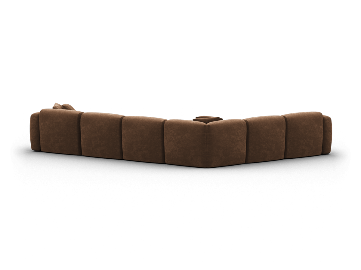 Luxurious brown velvet sectional sofa with modular design, plush cushioning, and a modern silhouette. Ideal for a sophisticated living space.