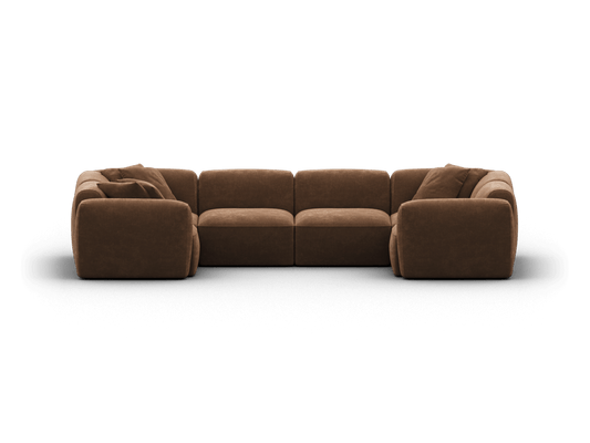 Elegant brown sectional sofa in plush fabric, featuring deep seats and modular design, ideal for spacious, modern living areas.