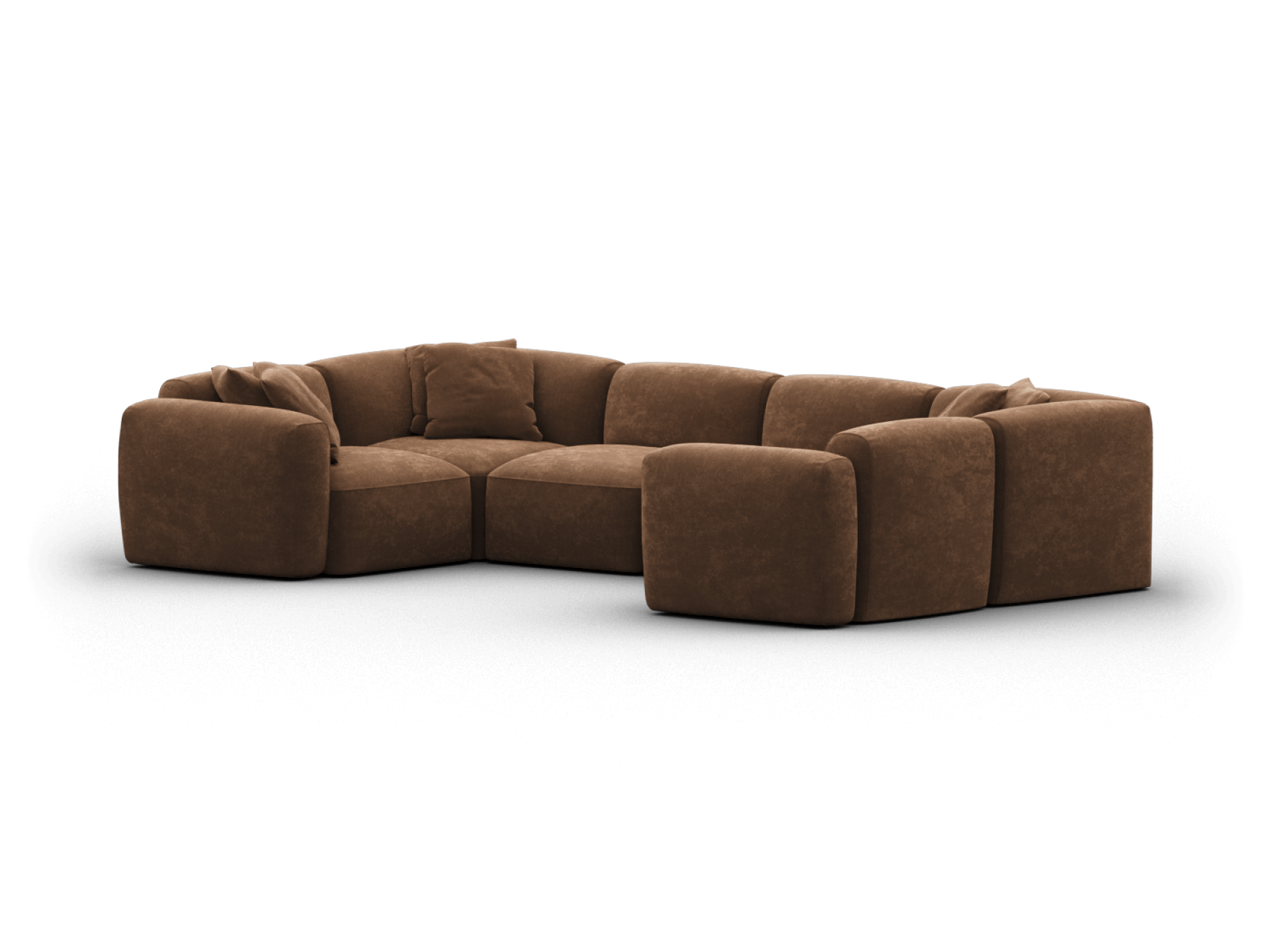 Luxurious brown sectional sofa in plush fabric, featuring deep seating and wide armrests, perfect for a sophisticated living room setting.