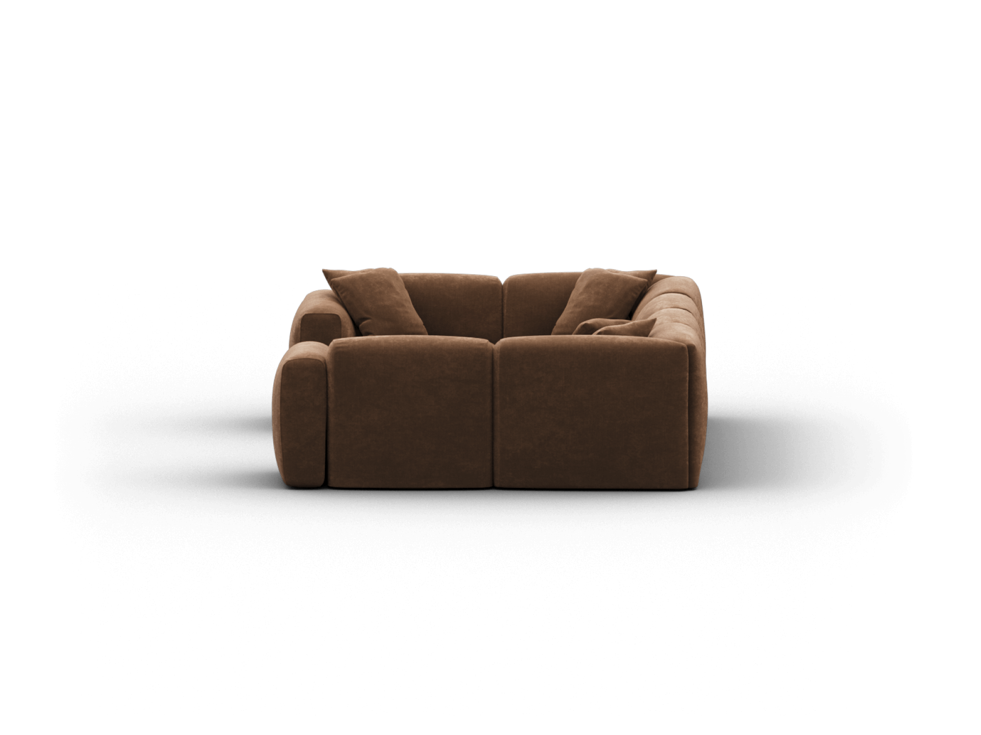 Luxurious brown suede modular sectional sofa with plush cushioning, square armrests, and matching pillows. Perfect for chic, contemporary living rooms.