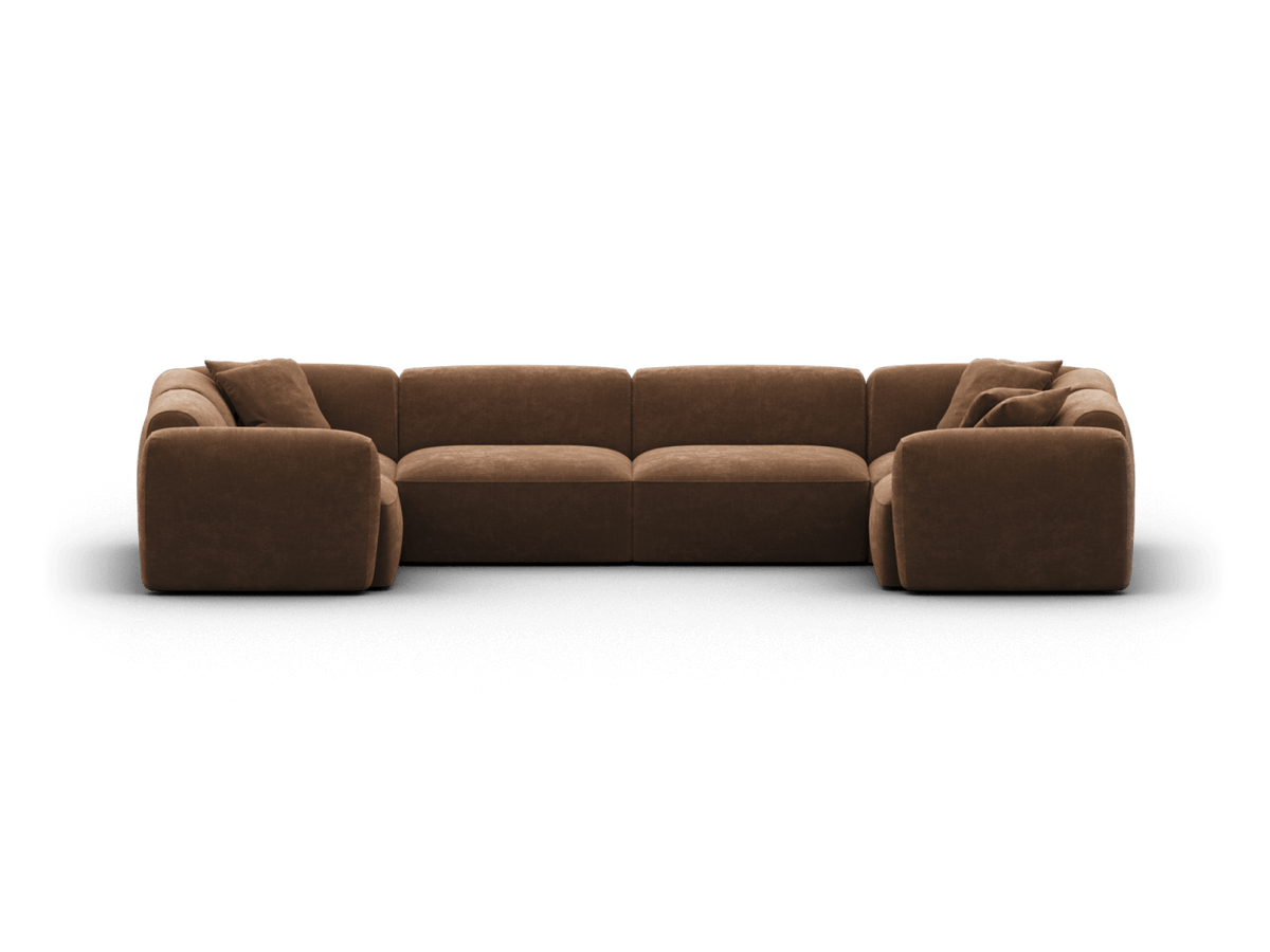 Luxurious modular sofa in premium brown suede, featuring plush cushions and deep seats. Perfectly suited for a contemporary living room setting.