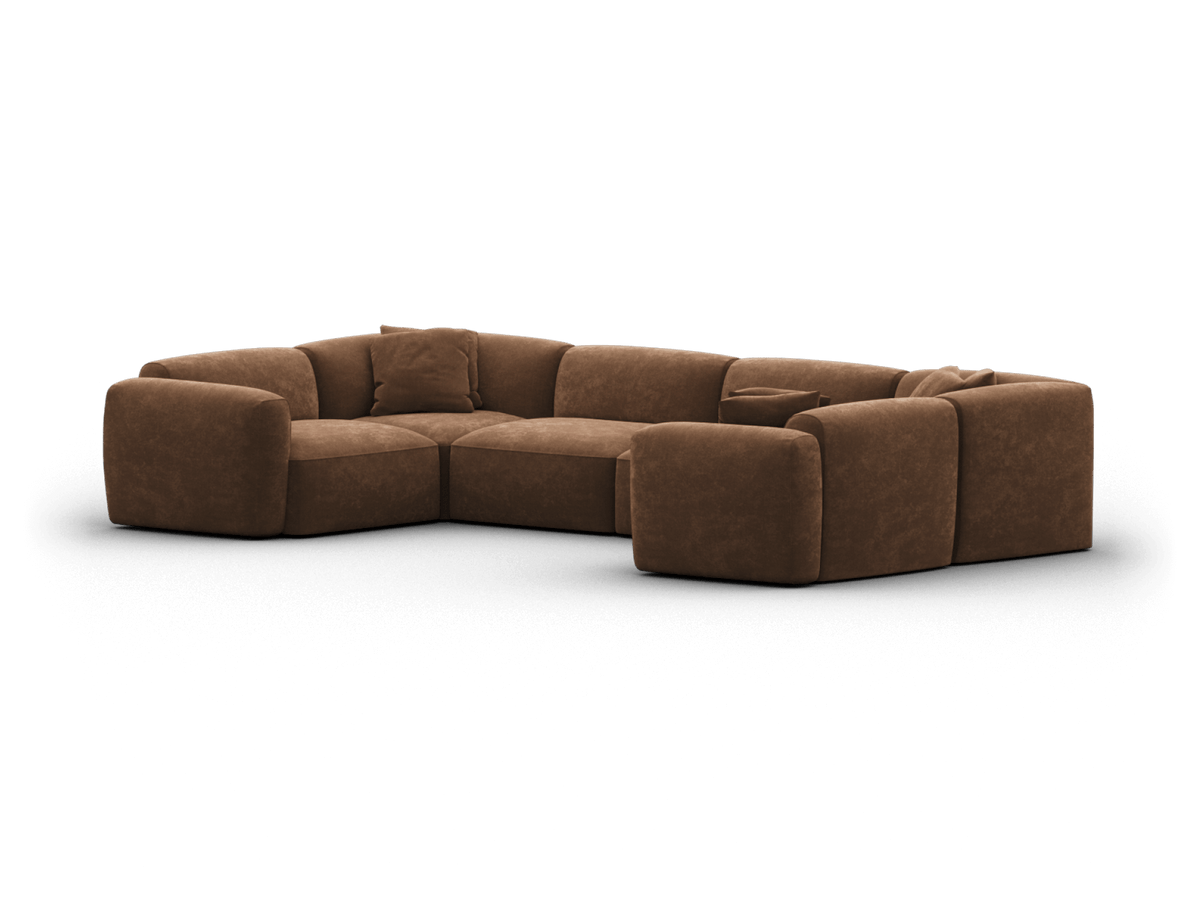 Luxurious brown suede corner sectional sofa with plush cushions and wide armrests, offering a sophisticated touch to a contemporary living space.