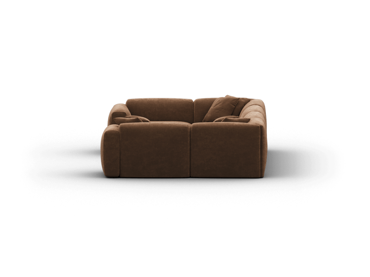 Luxurious brown sectional sofa in rich velvet upholstery, featuring plush cushioning and modular design. Perfect for a modern living room setting.