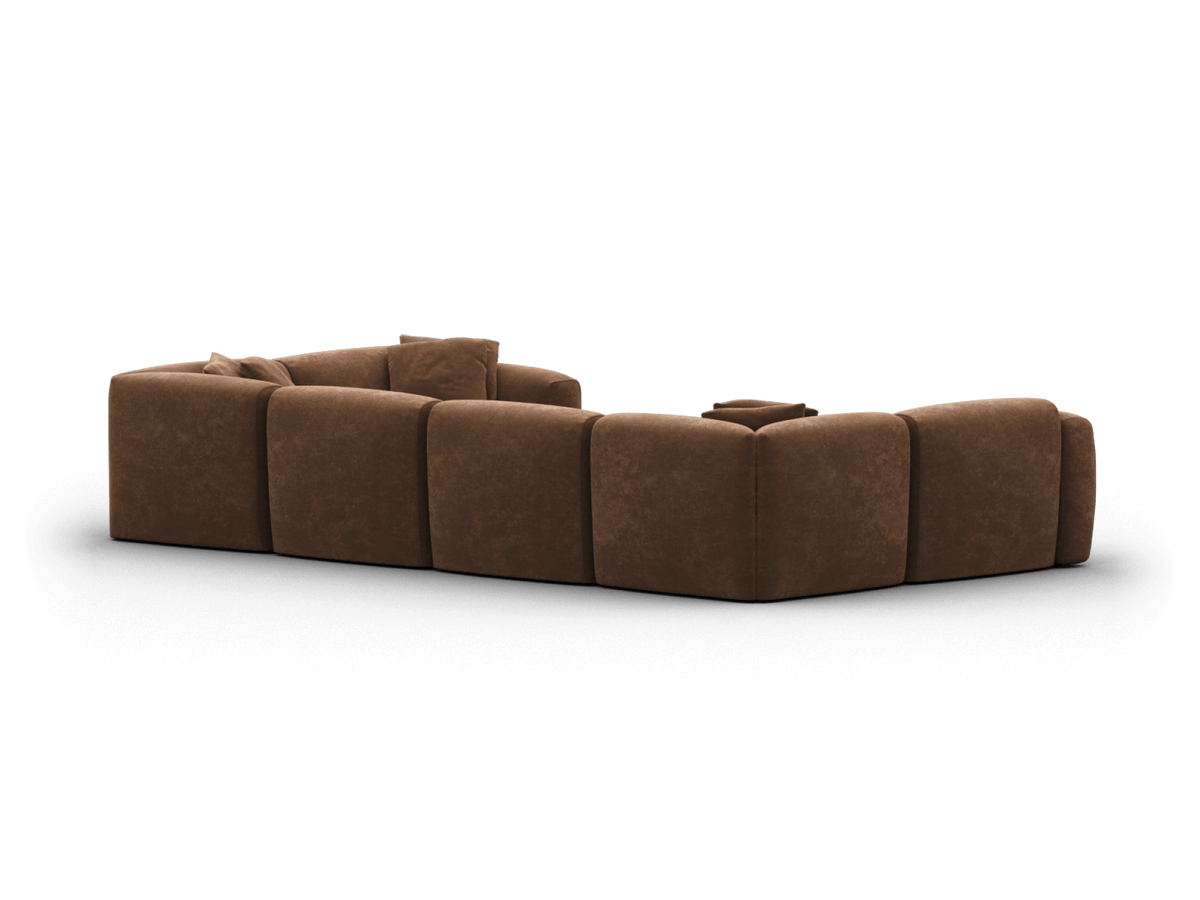 Luxury brown fabric sectional sofa, featuring modular design with plush cushions; displayed in a contemporary living room setting.
