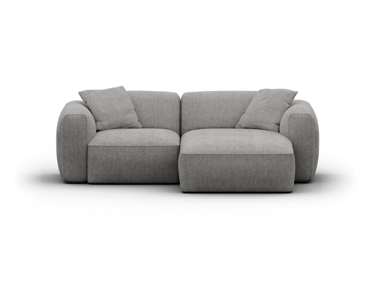 Luxurious grey linen two-seater sofa with plush cushions, featuring rounded arms and deep seats, ideal for a contemporary living room.