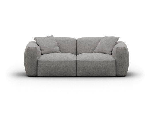 Luxurious grey fabric sofa with plush cushioning and curved armrests. Crafted for modern elegance, perfect for a sophisticated living room setting.