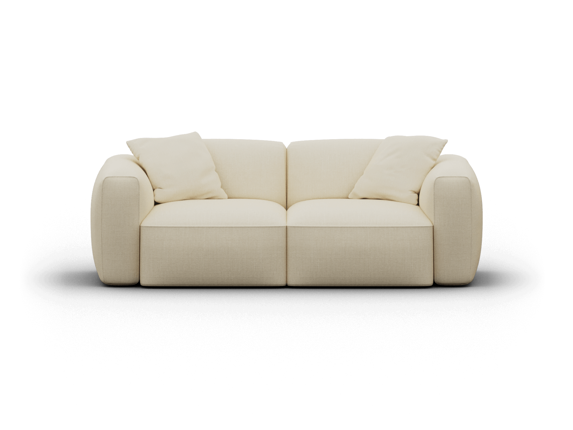Luxurious cream fabric sofa with plush cushions, rounded arms, and a contemporary minimalist design, perfect for a sophisticated living space.