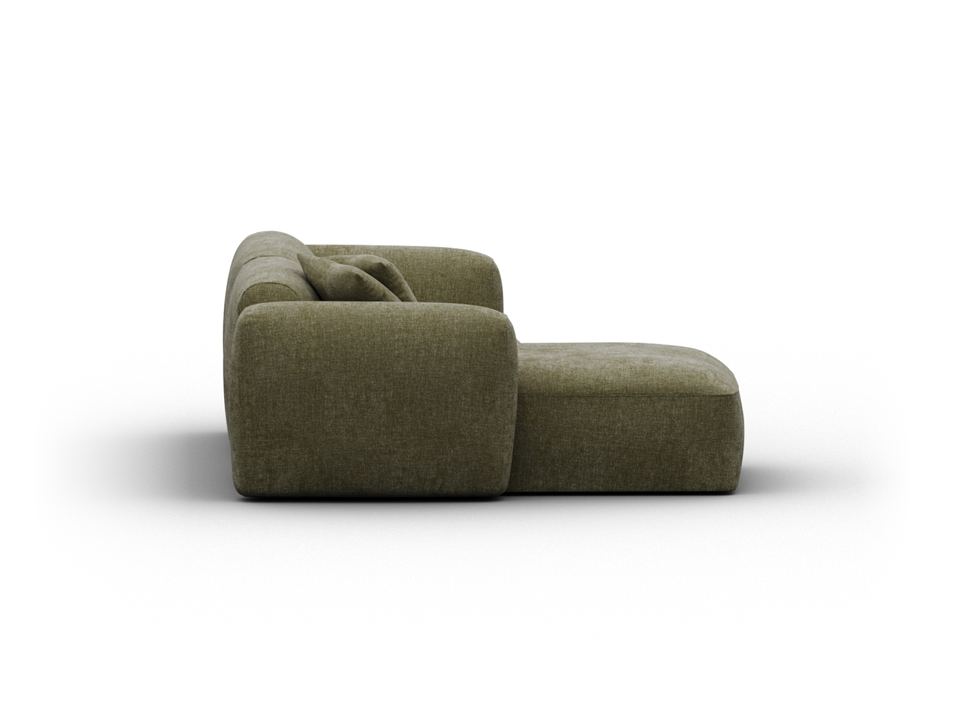 Plush olive-green fabric chaise lounge, featuring a deep cushioned seat and wide armrests, designed for modern living spaces.