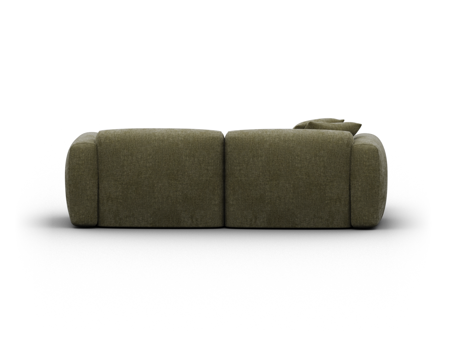 Luxurious olive-green fabric sofa featuring plush cushions and rounded armrests, offering a blend of modern elegance and comfort for sophisticated living spaces.