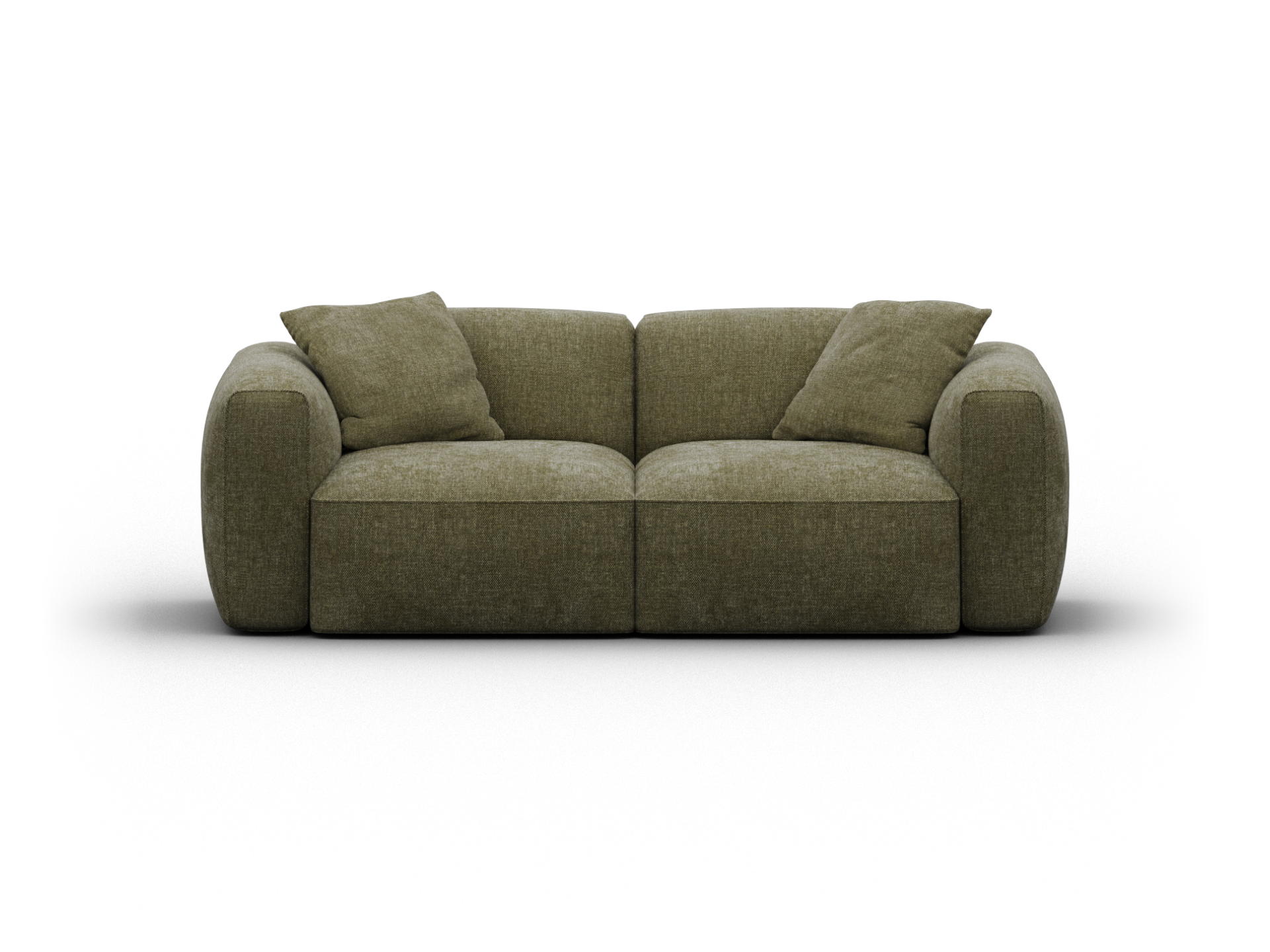 Luxurious olive green fabric sofa with rounded arms and plush cushions. Features a minimalist design, perfect for a sophisticated living room setting.