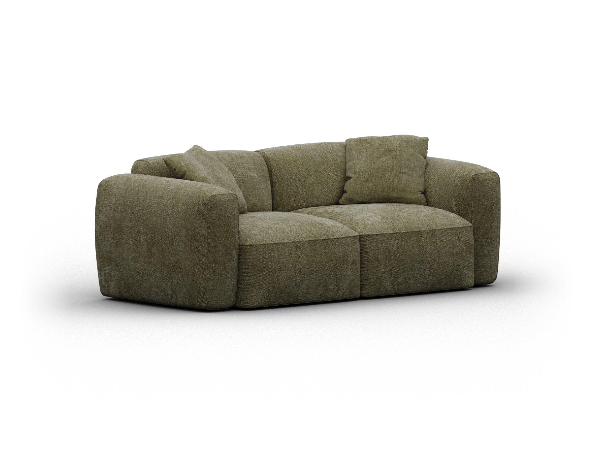 Luxurious olive green loveseat, upholstered in textured fabric with plush cushions and a deep seat. Perfect for contemporary living spaces.