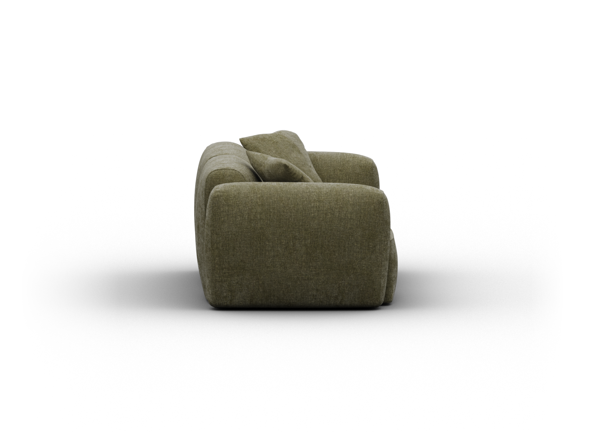 Luxurious olive green fabric sofa with plush cushioning and sleek, rounded edges. Sophisticated addition to contemporary living spaces.