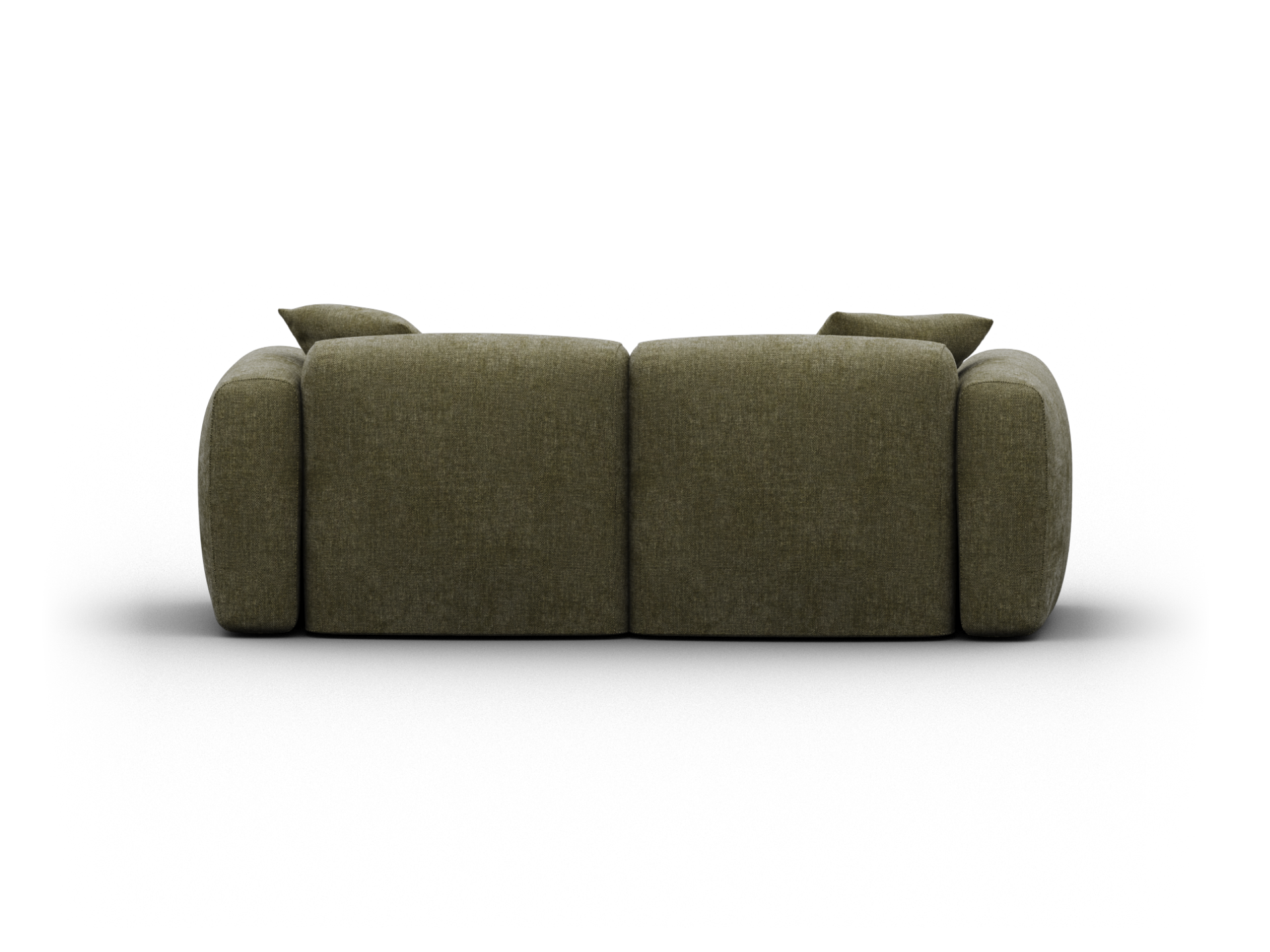 Luxurious olive green loveseat featuring plush fabric upholstery, rounded arms, and a sleek silhouette. Perfect for a sophisticated lounge setting.