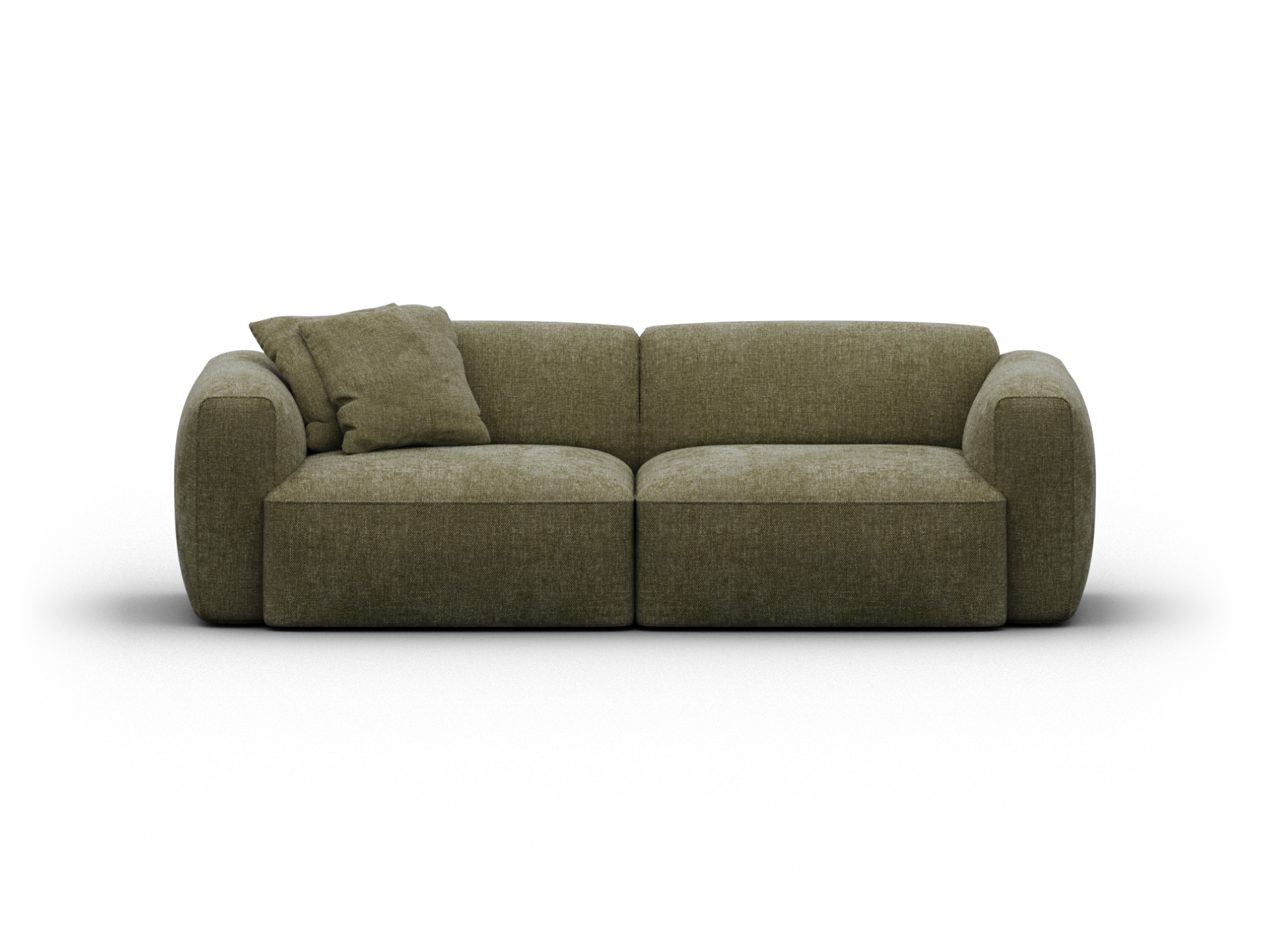Two-seater sofa in olive green fabric, featuring plush cushions and rounded armrests. Modern, minimalist design ideal for upscale living spaces.