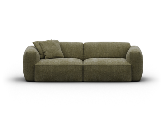 Two-seater sofa in olive green fabric, featuring plush cushions and rounded armrests. Modern, minimalist design ideal for upscale living spaces.