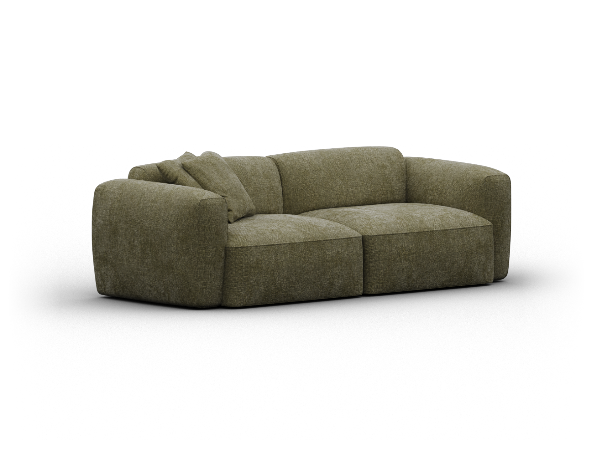 Luxurious olive green fabric sofa with deep cushions, plush seating, and rounded armrests; ideal for contemporary living spaces offering premium comfort.