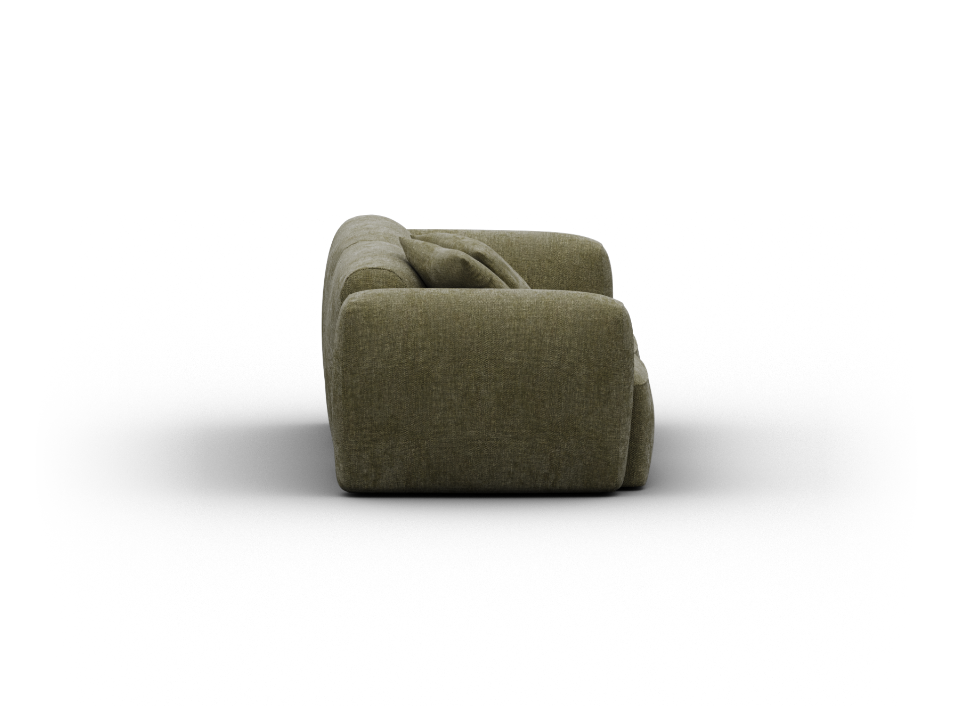 Luxurious olive green velvet sofa with a sleek low profile, plush cushions, and modern silhouette; perfect for a sophisticated living room setting.