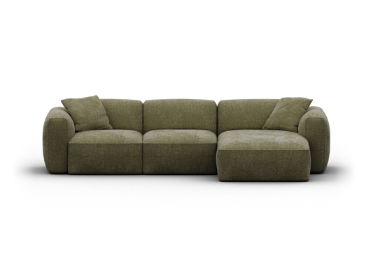 Luxurious olive green sectional sofa featuring plush, deep seats and a soft fabric finish. Modern design with modular pieces ideal for contemporary living spaces.