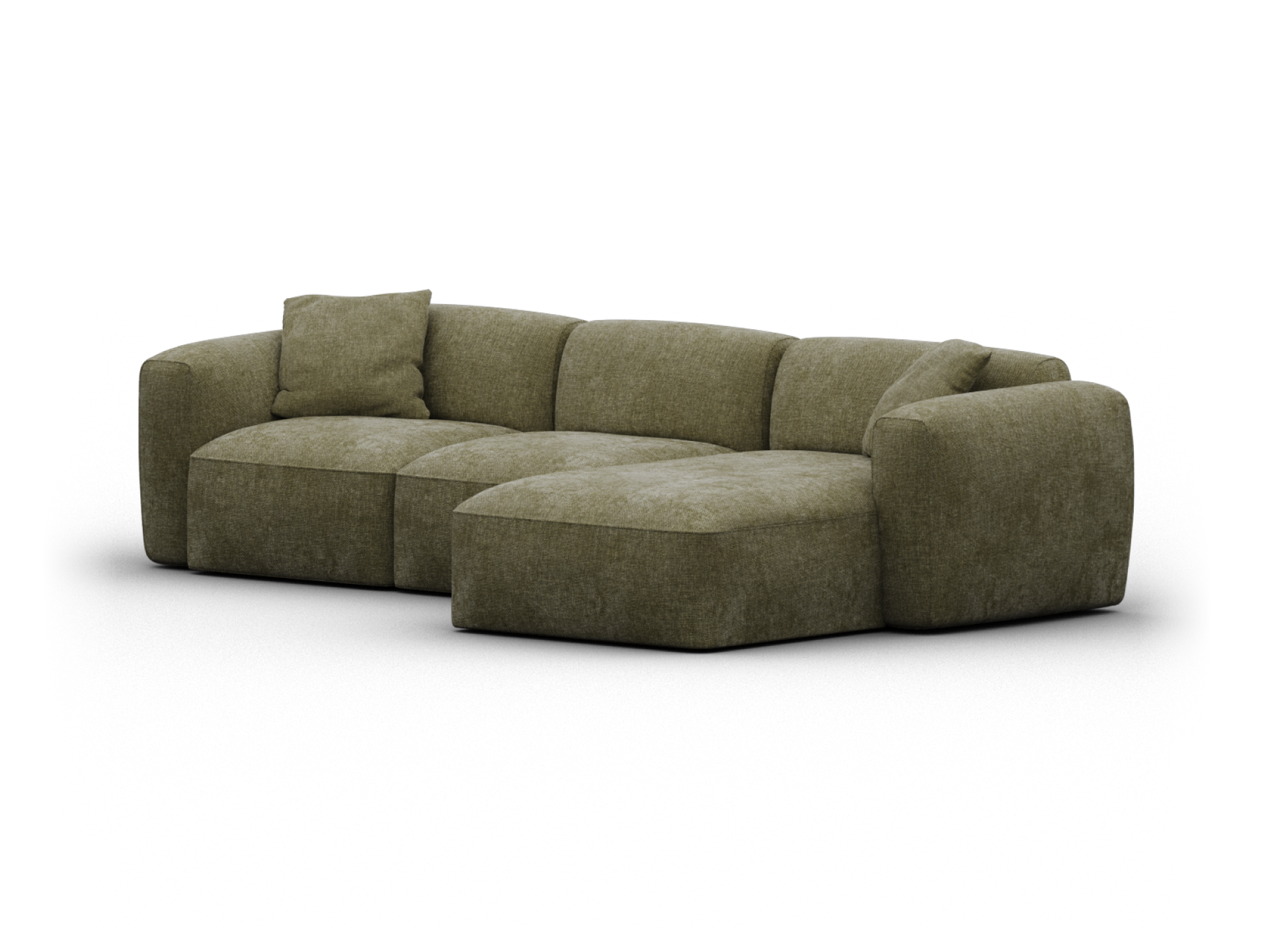 Luxurious modular sofa in olive green fabric, featuring plush, deep seating and wide armrests. Perfect for a sophisticated, contemporary living room.