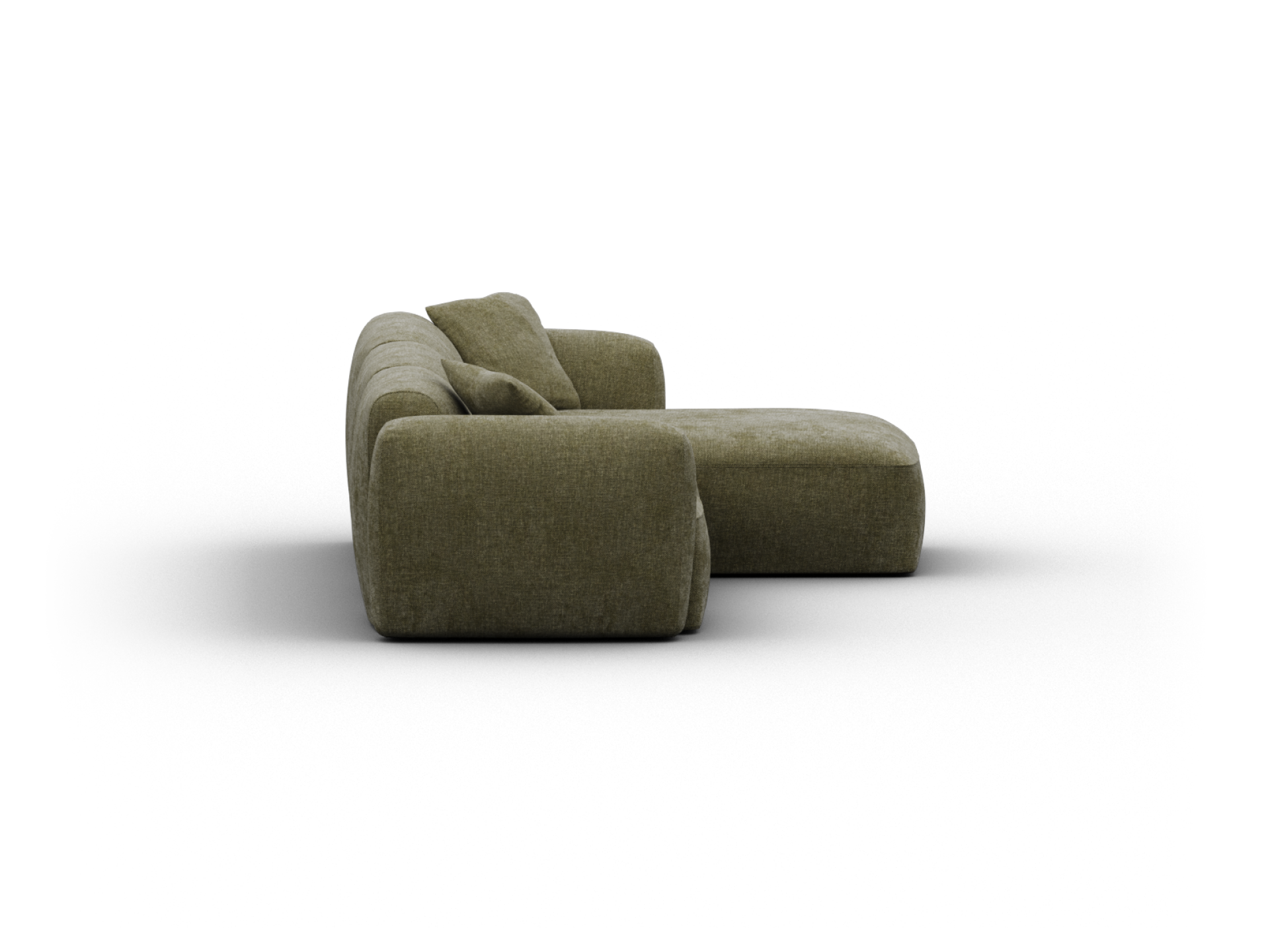Luxurious olive green sectional sofa with plush, rounded cushions, upholstered in premium fabric. Ideal for contemporary living spaces.