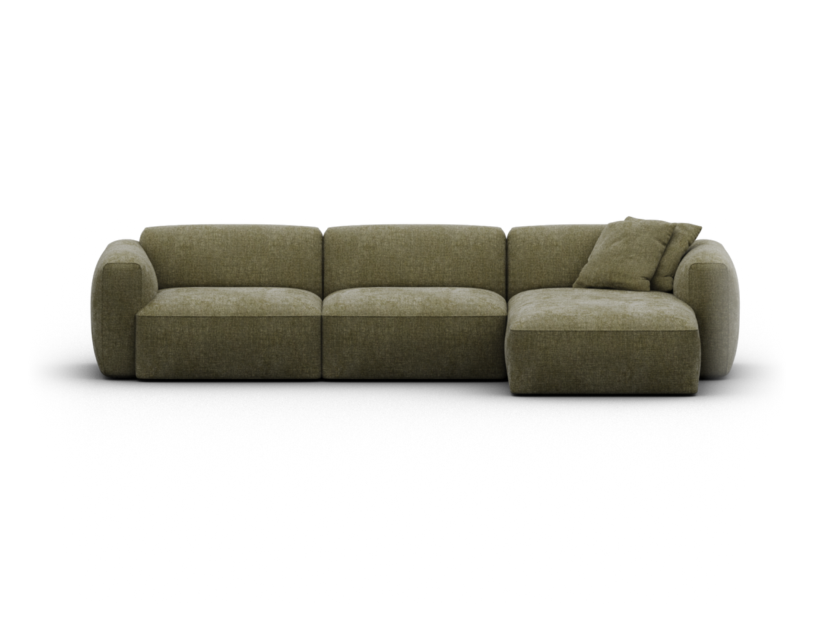 Luxurious olive green fabric sectional sofa with plush cushions and a right-facing chaise, featuring elegant rounded arms. Ideal for a refined living space.