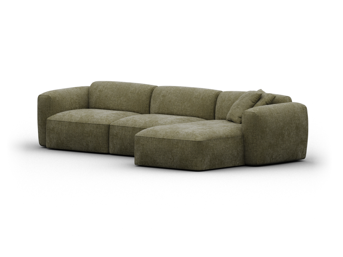 Luxurious olive green sectional sofa in plush fabric, featuring deep seats and a chaise lounge. Perfect for modern, sophisticated living spaces.