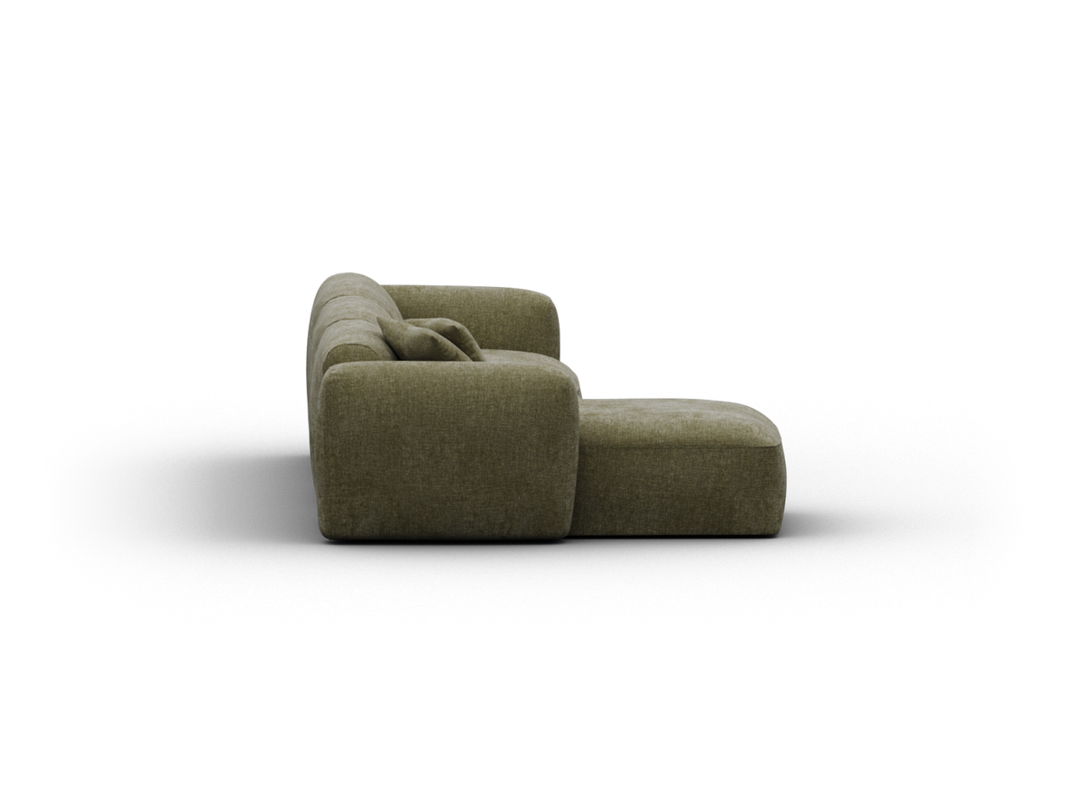 Olive green sectional sofa with plush upholstery, deep cushions, and a sleek, minimalist design, perfect for a contemporary living room setting.