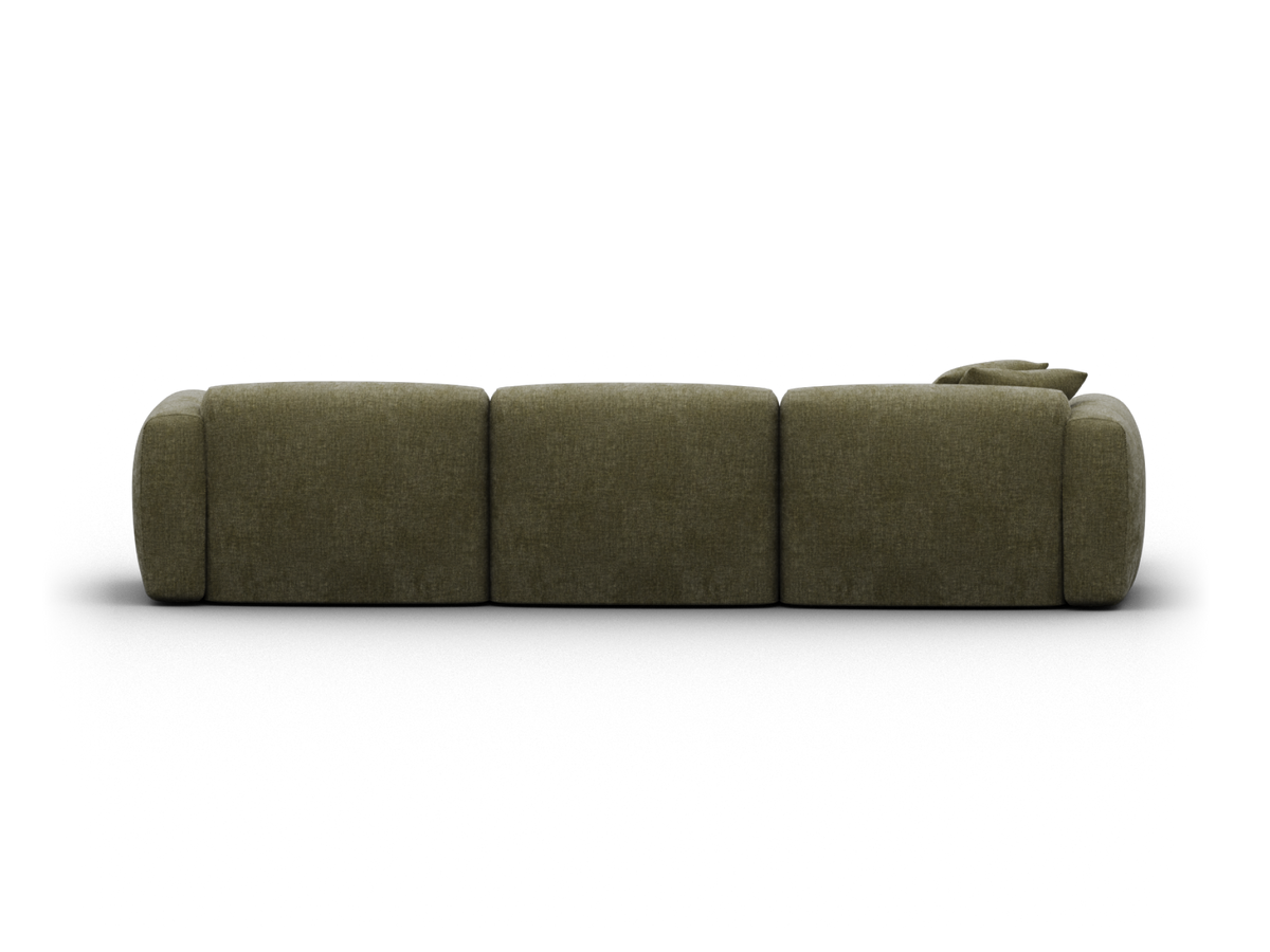 Three-seater sectional sofa in olive green fabric, featuring deep seats and plush cushions. Modern design ideal for luxury living spaces.