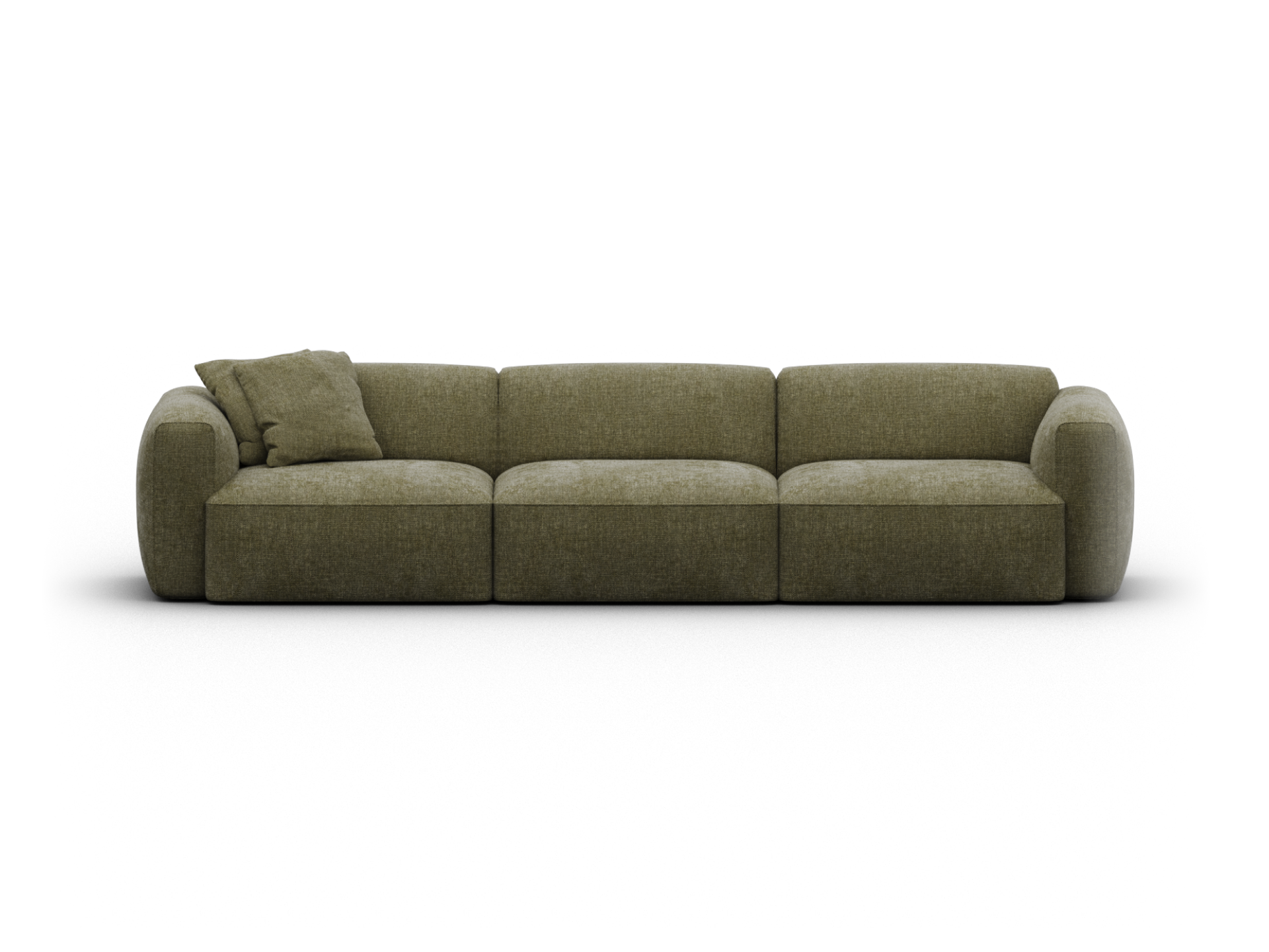 Olive green modular sofa featuring plush, textured fabric and rounded armrests. Perfect for a contemporary living room, combining comfort and elegance.