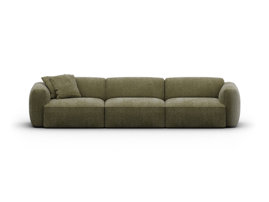 Luxurious olive green fabric sofa with plush cushions, wide armrests, and modular design. Perfect for contemporary Australian living spaces.