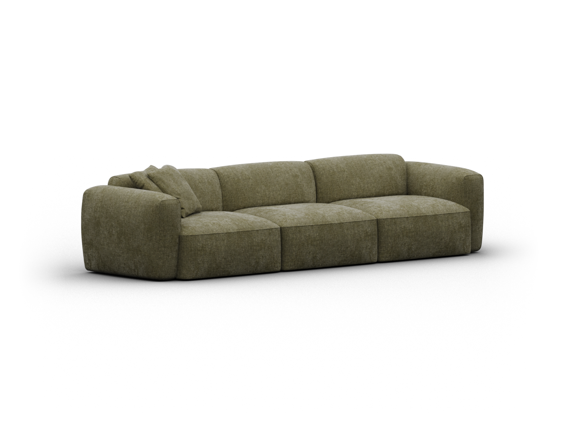 Luxurious olive green sectional sofa, upholstered in plush fabric. Features deep seating and generous cushioning. Perfect for a sophisticated living room.