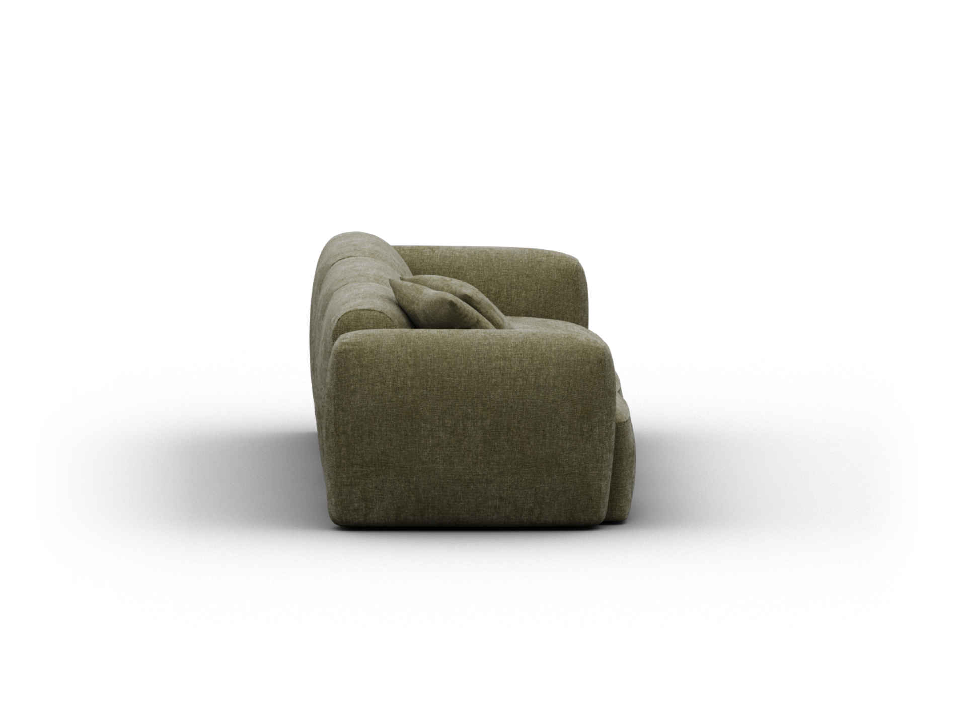 Luxurious olive green fabric sofa with plush cushions, featuring a modern, low-profile design. Perfect for elevating a sophisticated living room setting.