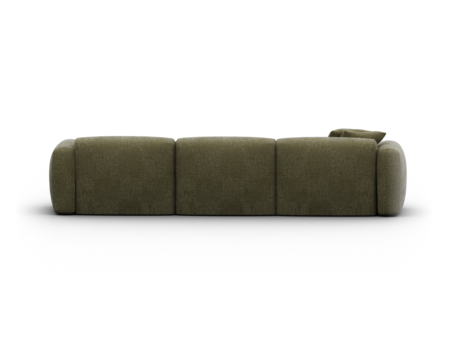 Luxurious olive green fabric sofa with plush cushioning, sleek contemporary design, and modular sections. Perfect for a modern living area.