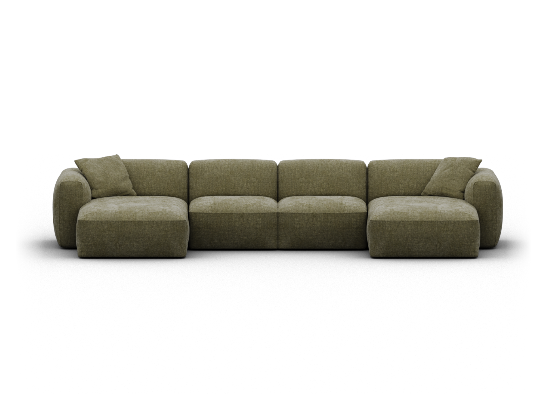 Olive green modular sofa in premium fabric. Features plush cushioning, clean lines, and a low-profile silhouette. Ideal for contemporary living spaces.