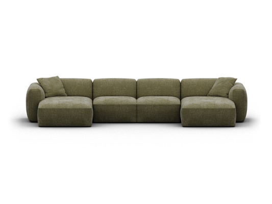 Olive green modular sofa in premium fabric. Features plush cushioning, clean lines, and a low-profile silhouette. Ideal for contemporary living spaces.