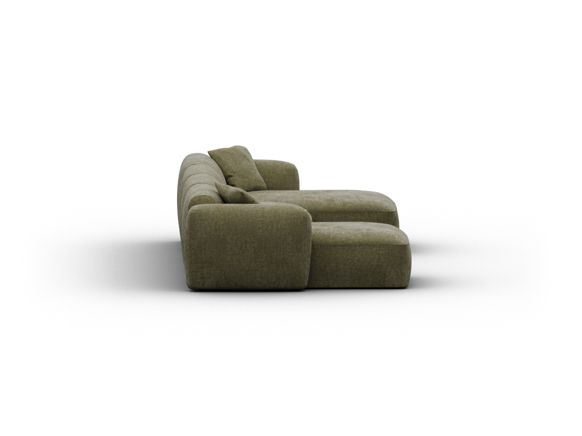 Modern olive green sectional sofa with plush, textured upholstery. Features wide, rounded armrests and deep seats. Perfect for luxurious living spaces.