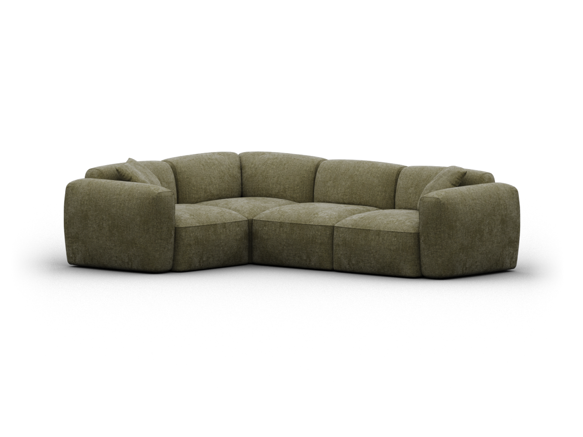 Luxurious L-shaped sectional sofa in olive green fabric with plush cushioning. Features deep seats and wide armrests, perfect for a contemporary living room.