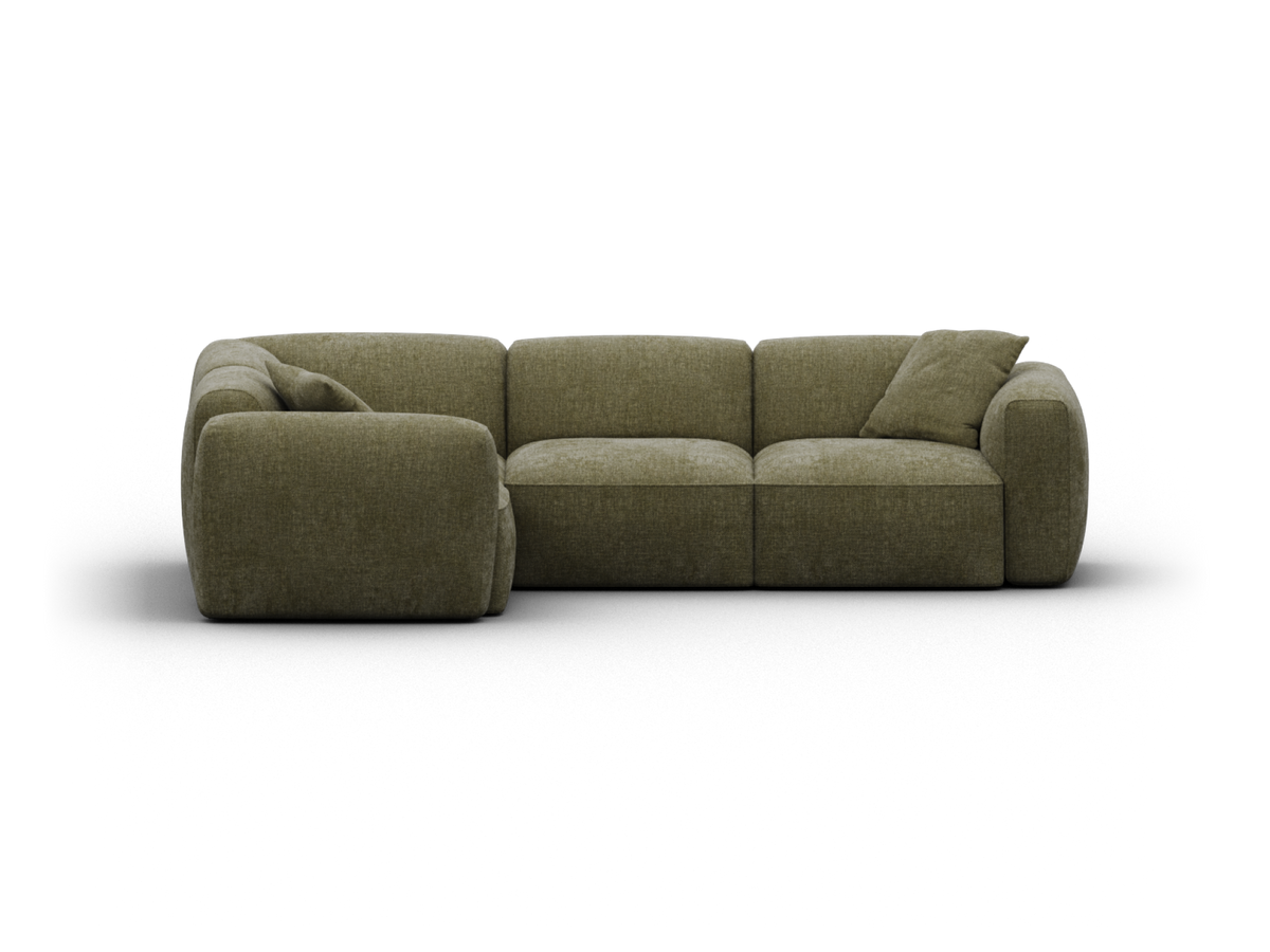 Luxurious olive green modular sofa in premium fabric, featuring deep seating and plush cushions, perfect for a sophisticated living room setting.
