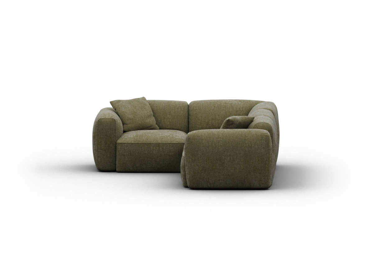 Luxurious olive green sectional sofa with plush fabric upholstery, rounded edges, and deep seating. Perfect for contemporary living spaces.