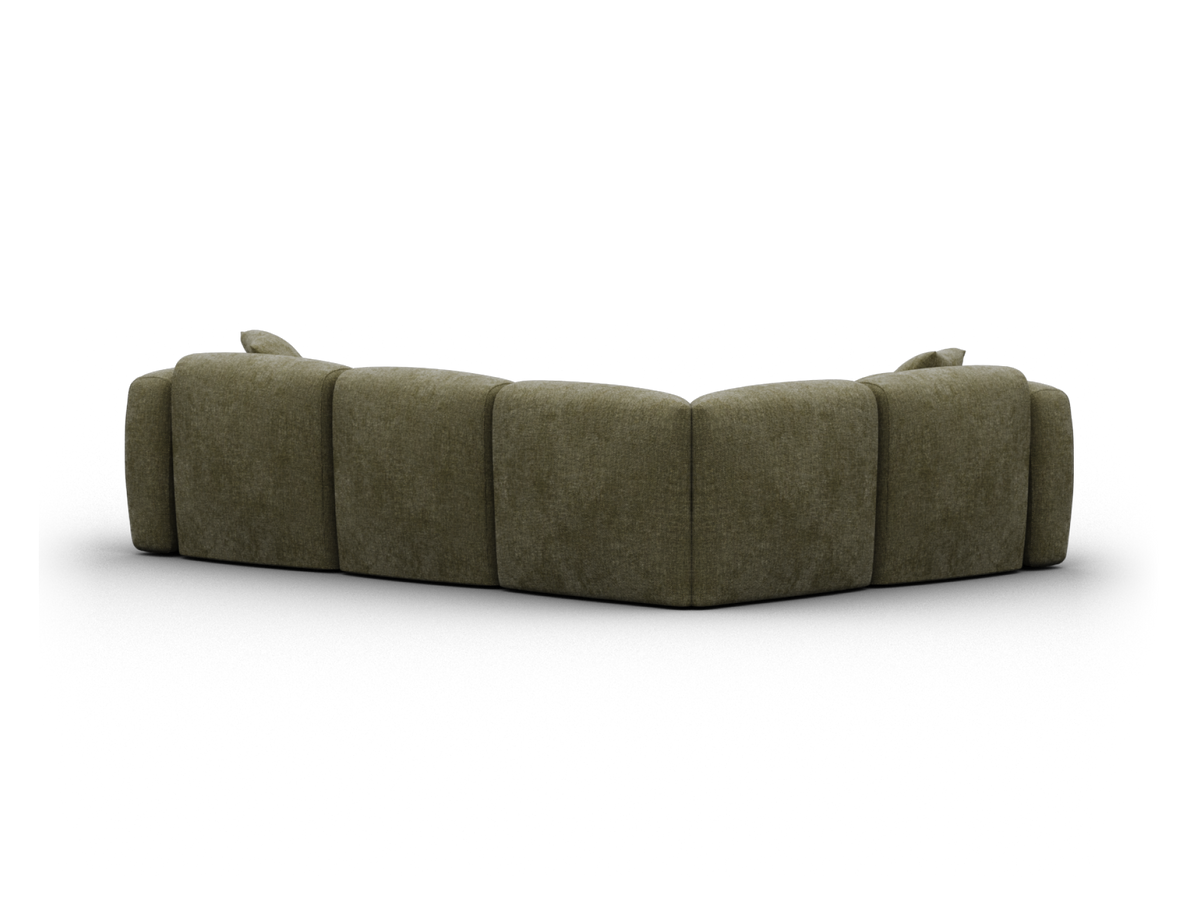 Luxurious olive green sectional sofa with plush fabric upholstery, featuring deep seating and clean lines. Perfect for a sophisticated living room ambience.