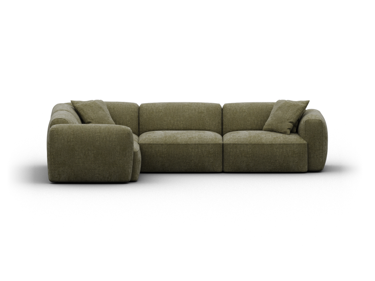 Olive green modular sofa in plush fabric, featuring rounded edges and deep cushions. Set in a contemporary living room for a sophisticated ambience.