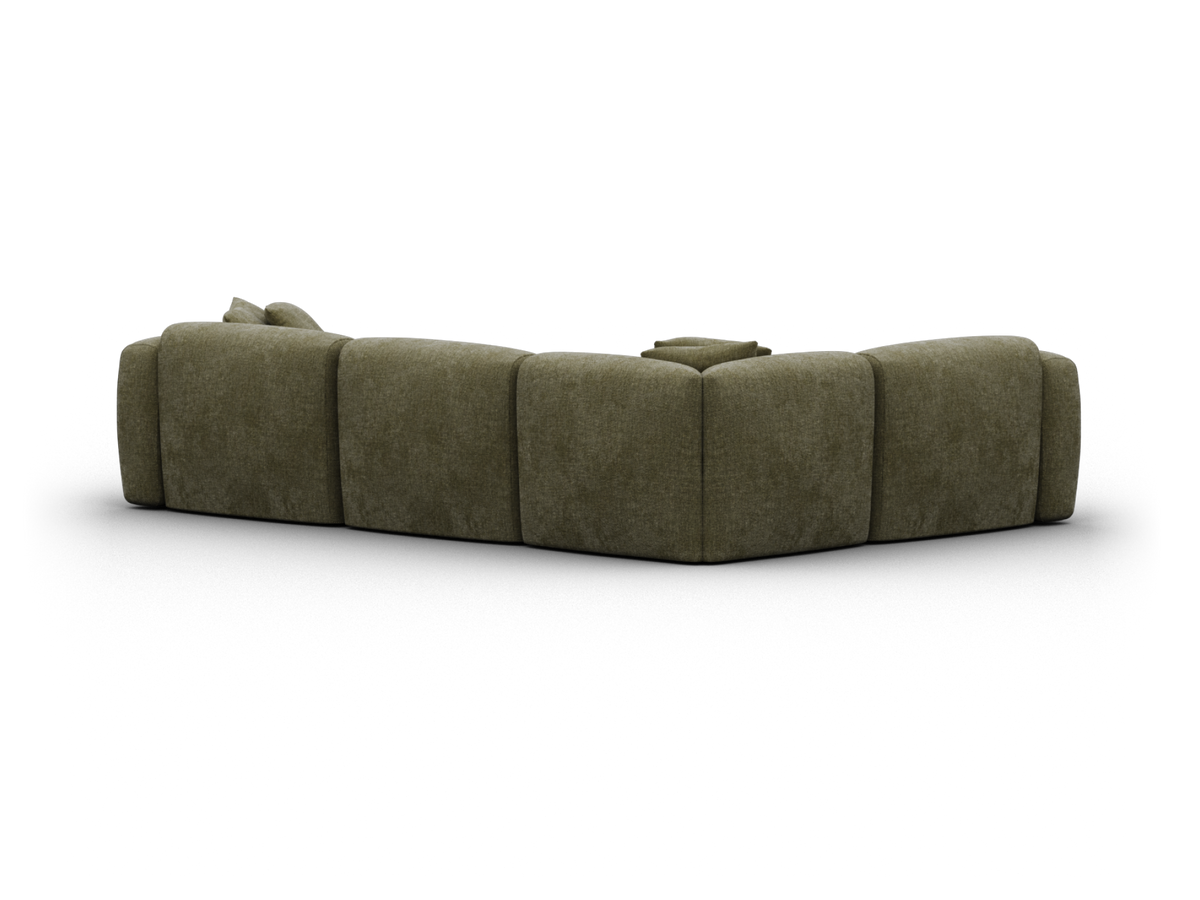 Luxurious olive green velvet sectional sofa featuring deep cushioning and modular design; ideal for contemporary living spaces.
